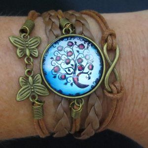 New World Glass Bracelet Colorful Tree of Life Cabochon Brass Leather Unisex 7"